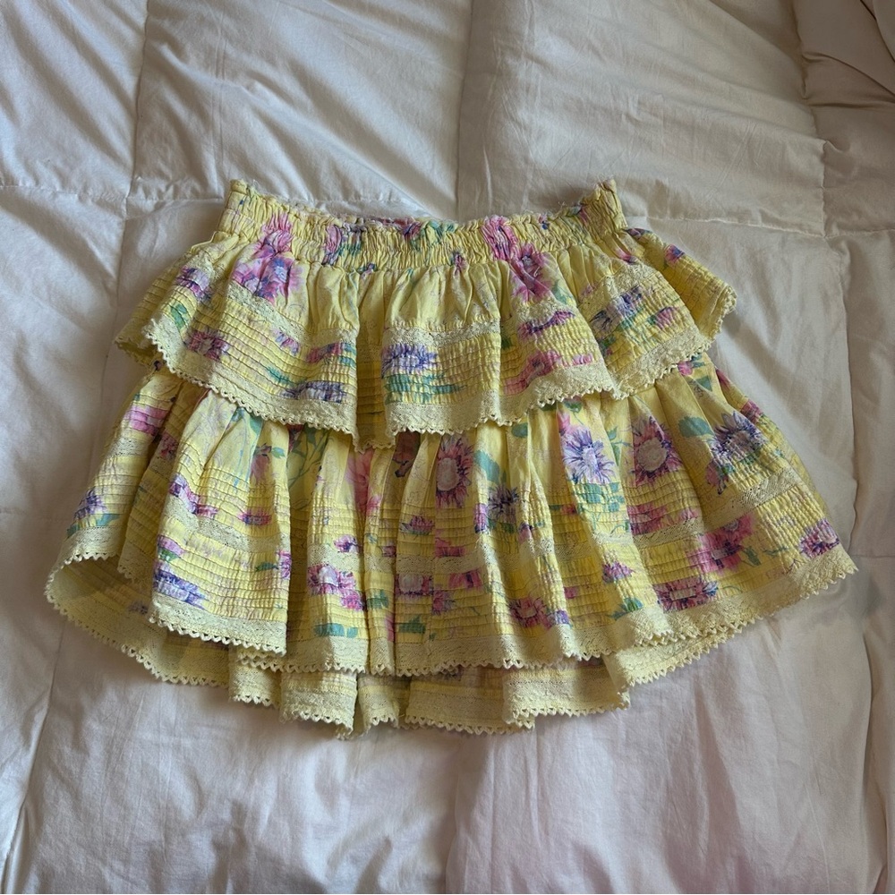 LoveShackancy Yellow Floral Tiered Ruffle Mini Skirt